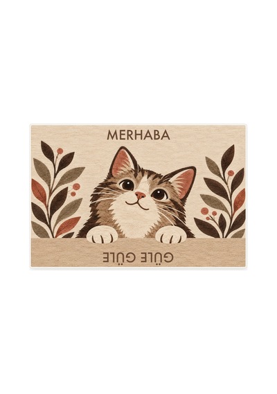 Kartela Halı Merhaba Güle Güle Kedili Kapı Paspası Bej Kaymaz Kauçuk Taban Yıkanabilir 60x90 Cm