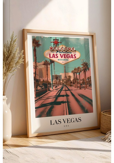 Las Vegas Welcome Vintage Seyahat Posteri Çerçeveli Tablo - Premium Nevada Elit Duvar Dekoru Kayın
