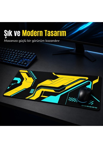 Mcstorey 90x40 Cm Mouse Pad, Cyber Sarı Turkuaz Desenli Büyük Mou