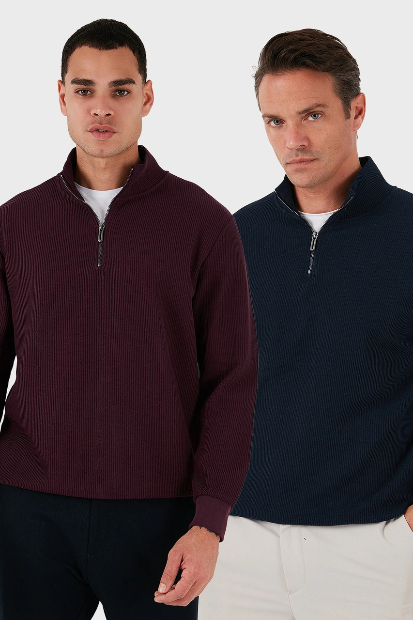 Buratti Pamuklu Regular Fit Yarım Fermuarlı Dik Yaka 2'Li Paket Erkek Sweat 5905716S2 Koyu Lacivert-Vişne