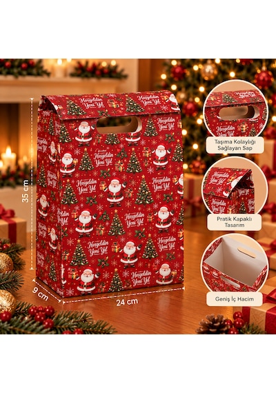 Balgelal Kırmızı Noel Baba Ve Çam Ağacı Desenli Yılbaşı Hediye Paket Çantası - Kulplu Dekoratif Karton Hediye Poşeti - 1'li - 9021426364010