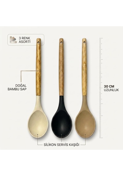 30 Cm Bambu Saplı Silikon Servis Kaşığı, Derin Hazneli Yemek Kaşığı, Makarna Sebze Pilav Ve Günlük Servis İçin Mutfak Kaşığı, Askı Delikli, 3 Renk Asorti Karışık Gönderim