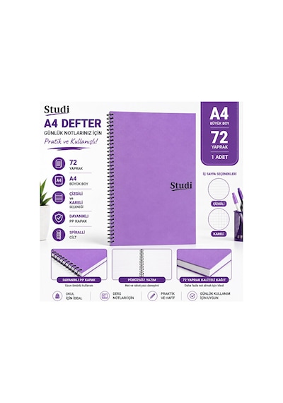 Mor A4 Defter 72 Yaprak Spiralli Pp Kapak Çizgili Veya Kareli Okul Üniversite Ders Defteri