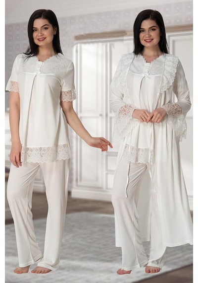 Kaktüslohusa Kadın Ekru Uzun Sabahlıklı Kolları Güpürlü Lohusa Hamile Sabahlık Pijama Takımı Set Ekru