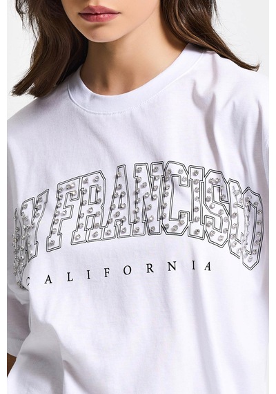 Itsbasic Kadın Beyaz S6-2 Oversize Özel Parlak Taşlı Sloganlı Bol Kesim T-shirt