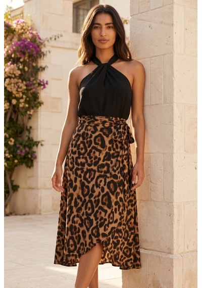 Soulshae Leopar Desenli Asimetrik Midi Etek