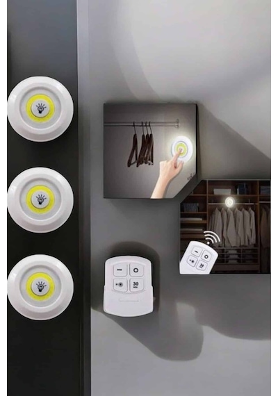 Spot Lamba Led Işık 3'lü Uzaktan Kumandalı Pilli Yapışkanlı Kablosuz
