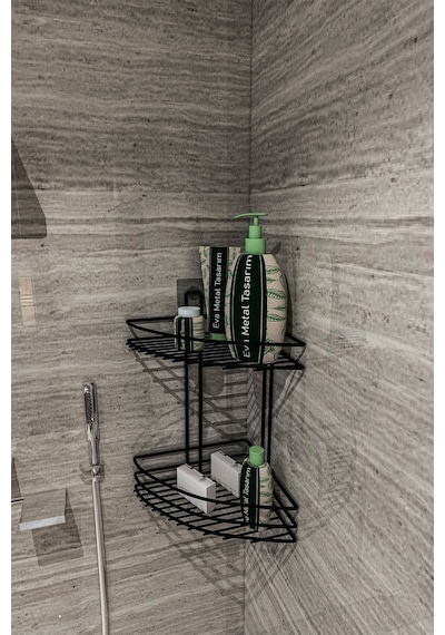 Corelle Kitchen Yapışkanlı 2 Katlı Banyo Köşeliği Köşe Rafı Duş Şampuanlık Duvar Düzenleyici Organizer Raf Siyah