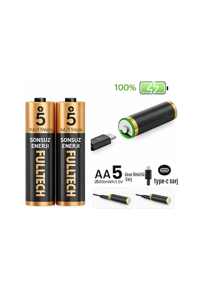 Exenar - Siyah - Şarjlı Kalın Kalem Pil Aa Şarj Edilebilir Pil 1.5v 2800mwh Lityum-ion Kalın Pil Aa 5 Type-c Şarjlı