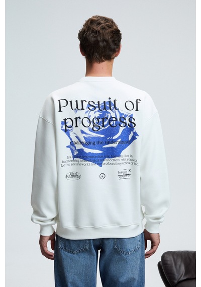 Grimelange ALDEN Erkek Yuvarlak Yaka Göğsü Ve Sırtı Baskılı Relaxed Fit Beyaz Sweatshirt
