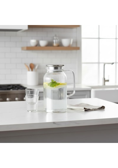 Silikon Fitilli Borosilikat Cam Sürahi 2000 Ml - Metal Kapaklı, Isıya Dayanıklı, Süzgeçli Şef