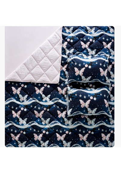Starlight Butterfly Luxe Çift Kişilik Kelebek Desenli Premium Uyku Seti Çeyiz Seti Lastikli Çarşaflı %100 Pamuk Mavi