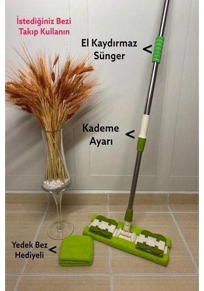 Sihirli Teleskobik Mandallı Mop.yedek Bez Hediyeli.fayans,duvar,yüzey Ve Cam Temizlik Paspası Yeşil