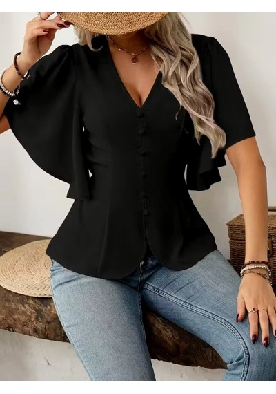 Efnaz Style Kadın Kısa Kollu Önden Düğmeli Ithal Krep Bluz siyah