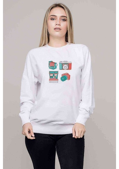 Nostalji Kamera Fotoğraf Makinesi Baskılı Beyaz Kadın Sweatshirt