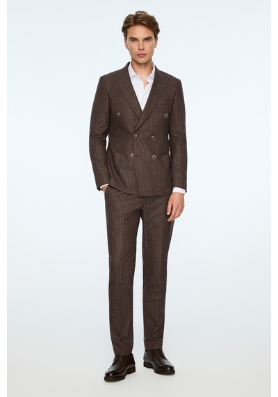 Morven Erkek Kahve Keten Trend Çizgili Slim Fit Sivri Yaka Kruvaze Takım Elbise 26ys001001400 Kahve