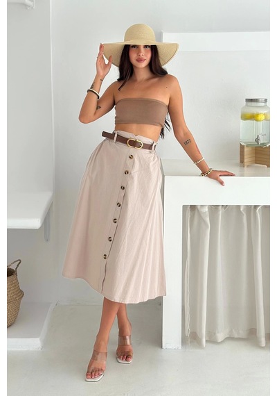 Asprin Fashion Kemerli Boydan Düğmeli Keten Etek Krem Krem