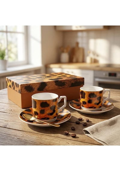 Tr 2'li Porselen Kahve Fincanı Takımı - 100 Cc Leopar Desenli Altın Yaldızlı Premium Türk Kahvesi Ve Espresso Fin Diğer