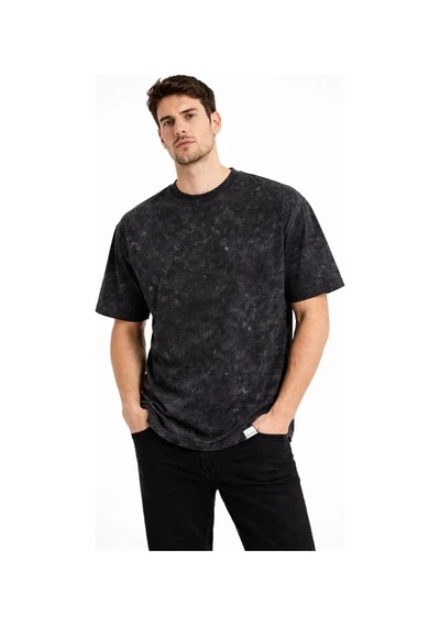 Vexor Erkek Asit Yıkama Bisiklet Yaka Kısa Kollu Oversize T-shirt Tişört - Siyah