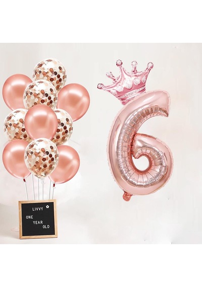 6 Rakam Rose Gold Folyo Balon, Kral Tacı Ve Konfetili Rose Gold Balon