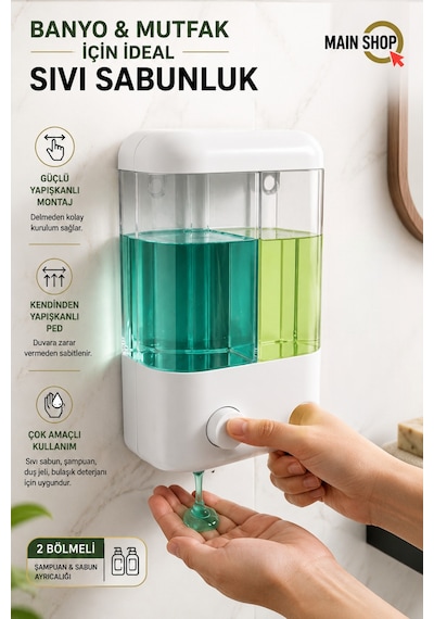 Mainshop 1 Adet Yapışkanlı Duvara Monte Mutfak Manuel Sıvı Sabunluk Çift Bölmeli 1000 Ml Doldurulabilir M-55 Beyaz