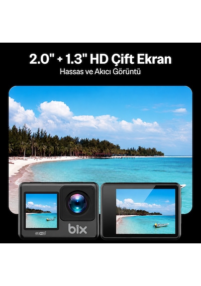 Bix Pulse 1 Wi-fi 4k 30fps Ultra Hd Aksiyon Kamerası Çift Ekranlı 30 Metre Su Geçirmez Kılıflı Vlog Bisiklet Motosiklet Kask Kamerası Siyah