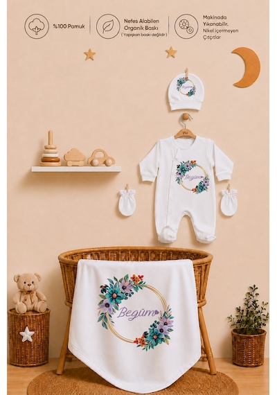 Pia Baby İsme Özel Kız Bebek Hastane Çıkışı 4 Lü Set %100 Pamuk Organik Baskılı Battaniyeli Tulum Seti 1026btyx Ekru