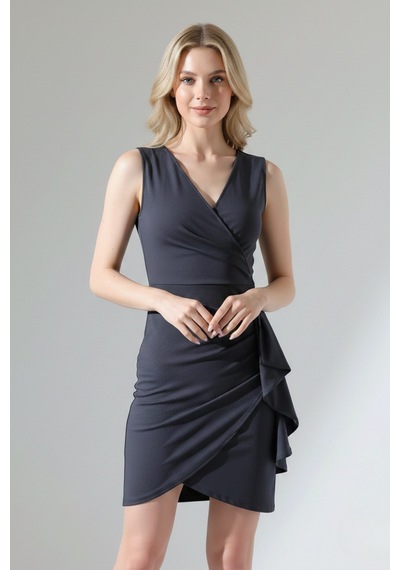 Defymoda Kadın Volanlı Mini Modern Tasarım Elbise Gri