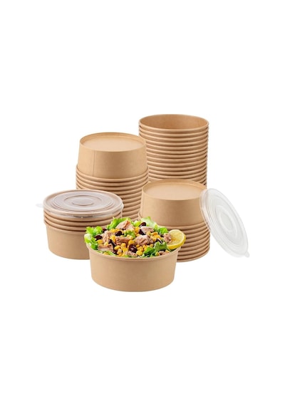 Omeyva Yuvarlak Şeffaf Kapaklı Kağıt Karton Kraft Salata Yemek Kabı Kase- 20 Oz - 590 Ml. - 30 Adet