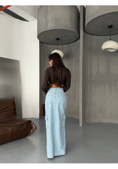 Ön Yırtmaçlı Cepli Uzun Denim Etek ÇoK Renkli