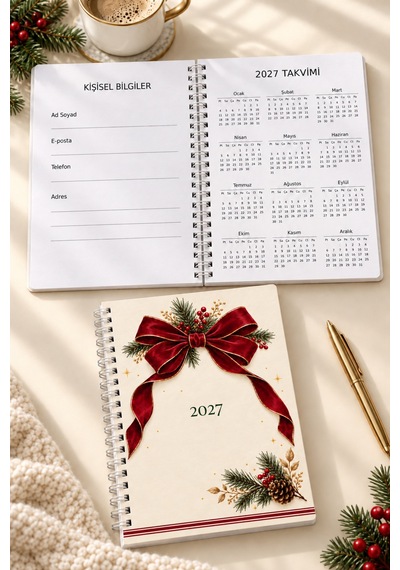 A5 Spiralli Defter 2027 Takvimli 50 Yaprak 100 Sayfa Çizgili Krem Kırmızı Fiyonk Desenli Not Defteri Bej