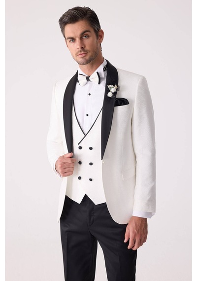 Ysf Erkek Beyaz Damatlık Slim Fit Kırlangıç Yaka Desenli