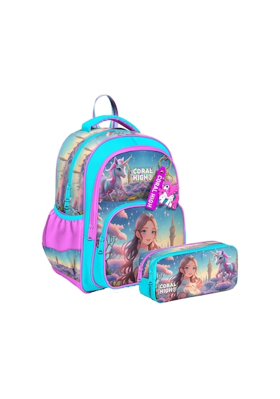 Coral High İlkokul Sırt Çantası Ve İki Bölmeli Kalemlik - Kız Çocuk - Turkuaz Pembe Anime Kız Çok Renkli