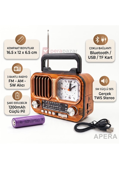 Nns Ns-7116bt Nostaljik Ahşap Görünümlü Bluetooth Radyo Saatli 1200mah Şarjlı Kamp Ve Ev Tipi Müzik Çalar Kahve