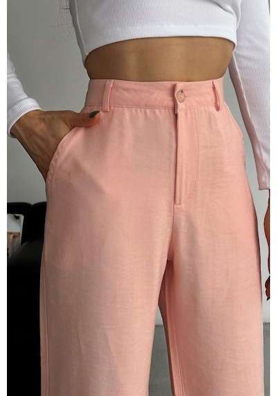 Femelle Kadın Pudra Yeni Sezon Modal Kumaş Bol Paça Yüksek Bel Pantolon Pembe