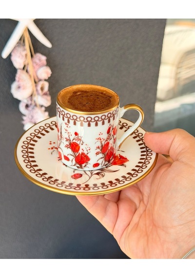 6 Kişilik Porselen Nostalji Kahve Fincanı Takımı-7597 Turuncu