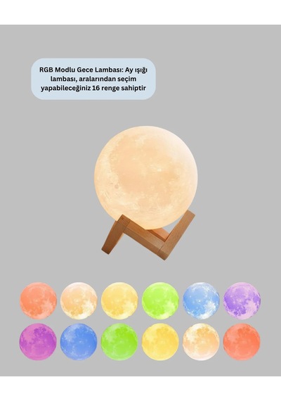 16 Renkli 3d Baskılı Ay Lambası Ahşap Standlı Turuncu