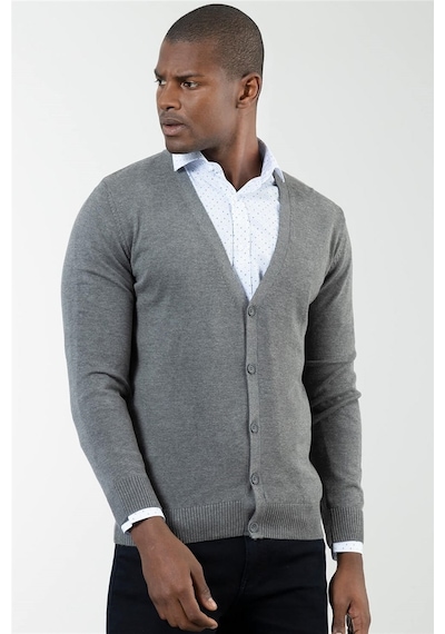 Tudors Slim Fit Dar Kesim Düğmeli Düz Pamuk Erkek Hırka-18858 Gri