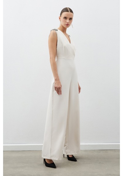Sateen Aksesuar Detaylı Tulum - Bej