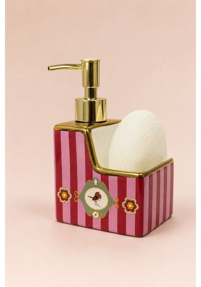 Feride Love Birds Porselen Sabunluk Ve Süngerlik Altın Pompalı, Hediye Süngerli Mutfak & Banyo Düzenleyici, 17 X 8 X 10 Cm Kırmızı - Pembe