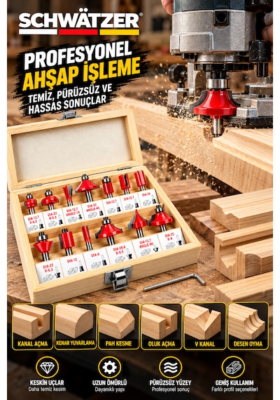 Schwatzer Alman 12 Parça 6 Mm Ahşap Freze Uç Seti Oyma Kanal Açma Kenar Şekillendirme Kutulu Takım