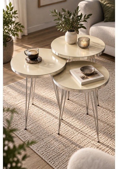 Sulorahome Gümüş Tel Ayaklı Krem Bej 3'lü Zigon Sehpa Takımı