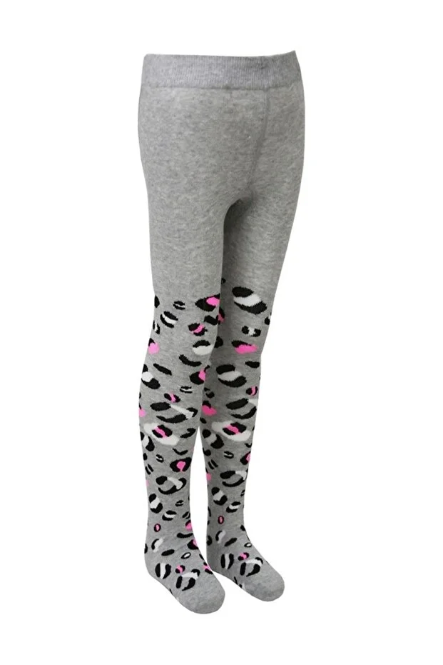 Veraye Socks Leopar Desenli Kız Çocuk Külotlu Çorap Açık Gri Krem-siyah-gri