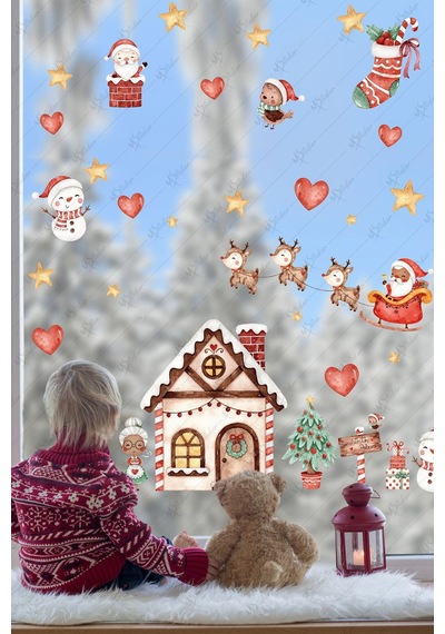 Yılbaşı Kış Evi Kardan Adam Ve Noel Baba Kış Figürleri Kalpler Ve Yıldızlar Yeni Yıl Sticker Seti Dijital Baskı