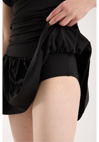 Gugus Kadın Sırt Bağlamalı İçi Çamaşırlı Etekli Mayo Beli Büzgü Detaylı Swimdress Siyah