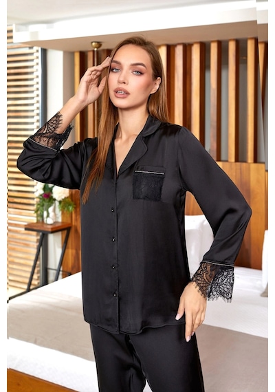 Alfa Aksesuar 03 Kadın Aqua 25168 Saten Dantelli Gömlek Pijama Takımı Siyah