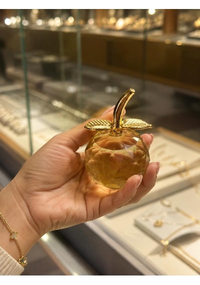 Sarı Kristal Elma Biblo Orta Boy 8.5 Cm Dekoratif Cam Elma Süsü Gold Yapraklı