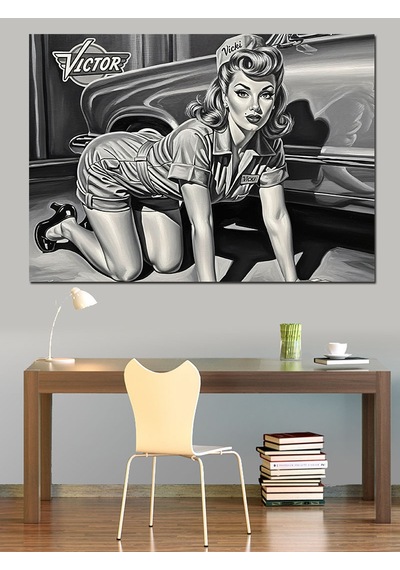 Mini Elbiseli Tamirci Pin Up Kadın Dekoratif Kanvas - Mdf Ahşap Tablo