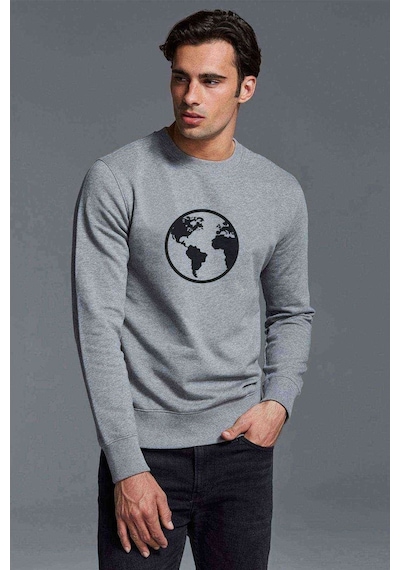 Silhouette Earth Icon Baskılı Gri Melanj Erkek Örme Sweatshirt