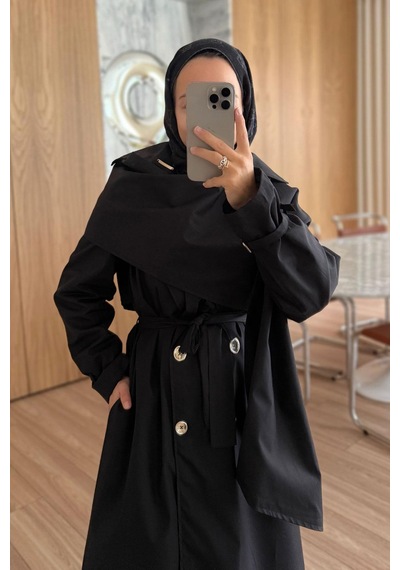 Ka Hijab Şal Detay Maxi Boy Trençkot - Siyah